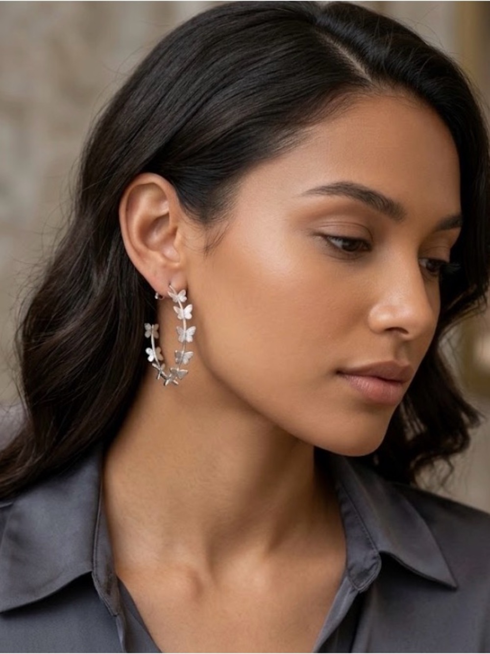 Silver-tone Butterfly Hoop Earrings - Women's Jewelry
